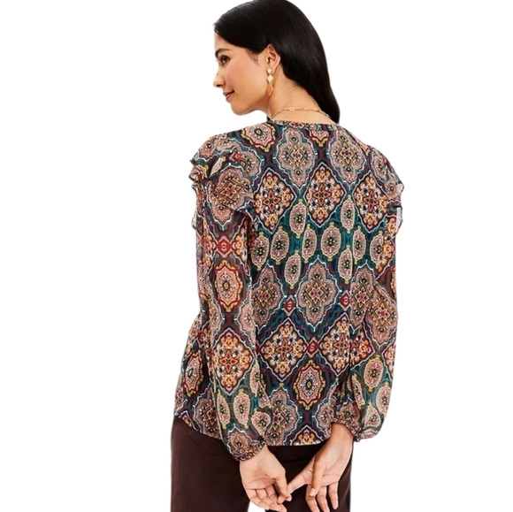 {LOFT} Womens Tapestry Ruffle Split Neck Blouse - Size XL - Picture 12 of 15